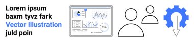 Grafikleri ve grafikleri olan veri paneli, iki kullanıcı simgesi ve optimizasyon için teçhizat. Analiz, takım çalışması, veri yönetimi, verimlilik, verimlilik, süreç iyileştirme için ideal basit iniş sayfası
