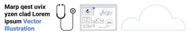Steteskop, grafikler, yüzdeler ve avatarlar da dahil olmak üzere veri eğilimlerini görselleştiren sağlık gösterge panelinin yanında. Bulut simgesi teknoloji entegrasyonunu vurguluyor. Sağlık, teletıp, veri için ideal