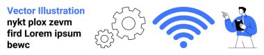 Teknolojiyi temsil eden dişliler, kablosuz sinyal ikonu ve bağlantı ve analizi simgeleyen pano ile profesyonel. Teknoloji, ağ, sistem, yenilik, iletişim, şirket için ideal