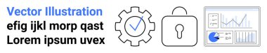 Kontrol işaretli bir dişli, bir kilit simgesi ve analitiği temsil eden grafik ve çizelgeli bir panel. Güvenlik, analitik, ilerleme, istatistik, teknoloji, yenilik için ideal basit bir iniş sayfası