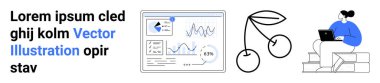 Grafik odaklı analitik panel, soyut kiraz tasarımı, basamaklarda dizüstü bilgisayarı olan kadın. Analiz, yaratıcılık, uzak çalışma, pazarlama, üretkenlik, tasarım için ideal basit iniş sayfası