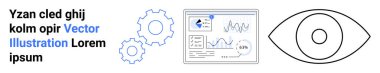 Analitik gösterge paneli, optimizasyonu sembolize eden iki vites simgesi ve görüşü temsil eden bir göz. Veri analizi, strateji, iyileştirme, yenilik, teknoloji, büyüme için ideal