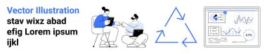 Fikirleri tartışan profesyoneller, sürdürülebilirliği temsil eden geri dönüşüm sembolü ve veri içgörülerini gösteren analitik gösterge paneli. İş stratejisi, takım çalışması, sürdürülebilirlik ve geri dönüşüm için ideal