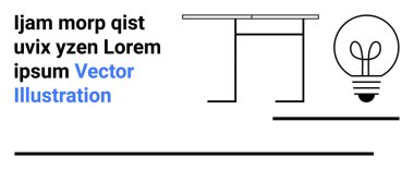 Temiz çizgileri olan bir masa ve sağında parlak bir ampul. Yaratıcılık, çalışma alanı, yenilik, öğrenme, beyin fırtınası, minimalizm ve basit iniş sayfası için ideal