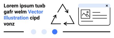 Geri dönüşüm üçgeni simgesi, metin ve görüntü içeriği ile ağ arayüzü, yön bulma noktaları. Sürdürülebilirlik, eğitim, web tasarımı, iş akışı, navigasyon, kullanıcı arayüzü basit iniş sayfası için ideal