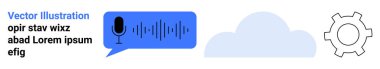 Konuşma balonunda ses dalgalı mikrofon, bulut grafiği ve teçhizat. Ses teknolojisi, bulut hesaplama, yazılım, yenilik, otomasyon, yapay zeka kavramları ve basit bir iniş sayfası için ideal