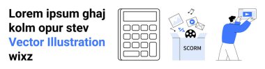 Hesaplayıcı, çokluortam ögeleri içeren SCORM kutusu, dosya yükleyen kişi. Eğitim, e-öğrenim, uzak çalışma, üretkenlik, teknoloji, içerik oluşturma için ideal basit iniş sayfası