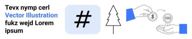 Meta veri etiketi sembolü, ağaç ana hatları ve el ile başka bir ele para aktarımı. Sosyal medya, çevre, yardım, finans, sürdürülebilirlik, eğitim ve basit iniş sayfası için ideal