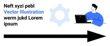 Adam dizüstü bilgisayarla oturmuş. İşlem sembolü olarak vites ve yönü gösteren bir ok kullanıyor. Çalışma akışı, süreç yönetimi, kariyer büyümesi, ilerleme, takım çalışması, geliştirme ve basit iniş sayfası için ideal