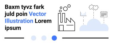 Fabrika yayıcı baloncuklar, bulut hesaplama simgeleri, veri çubuğu şeması, bulmaca parçaları ve takvim. Üretim, teknoloji, bulut hesaplama, otomasyon veri analizi için ideal basit yenilik