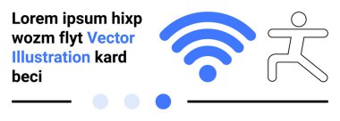 çoklu kavisli kablosuz simge, çalışan minimalist bir sopa figürü, yer tutucu metin, ve farklı boyutlarda ve gölgelerde noktalar. Teknoloji, bağlantı, fitness, iletişim, ağlar için ideal