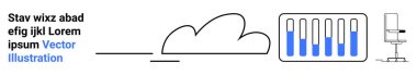 Yatay çizgili bulut, mavi göstergeli ilerleme çubukları, sandalye illüstrasyonu, yer tutucu metni. Teknoloji için ideal, veri görselleştirme, ilerleme, bulut hesaplama, minimalizm işyeri