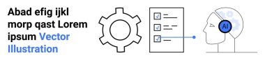 Dişlileri sembolize eden süreçler, görev takibi için kontrol listesi, teknoloji entegrasyonu için yapay zekaya sahip insan kafası. Yapay zeka, otomasyon, iş akışı, üretkenlik, yenilik, yönetim için ideal basit iniş sayfası