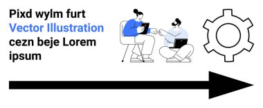Gelişmeyi, planlamayı ve verimliliği sembolize eden bir dişli ve okla birlikte dizüstü bilgisayarlarla fikirleri tartışan iki kişi. Takım çalışması, teknoloji, iş akışı, strateji, yenilik sektörü için ideal