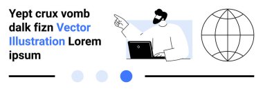 Profesyonel ortamdaki bir adam dizüstü bilgisayarla çalışırken dünya çapında bağlantıyı temsil eden bir ana hatla işaret ediyor. Liderlik için ideal, iletişim, sunum, küresel iş, takım çalışması, uzak