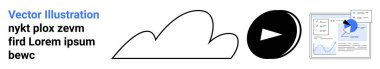 Eğri hatlı bulut, video multimedya için oynat düğmesi, pasta ve çizgi grafikli veri tablosu. Teknoloji, medya, bulut depolama, veri analizi, sunum ve eğitim için ideal