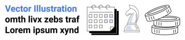 Takvim, satranç şövalyesi ve istiflenmiş paralar zaman yönetimi, stratejik düşünme ve finansmanı sembolize eder. İş, organizasyon, liderlik, karar verme yatırımı verimliliği için ideal basit