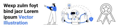 Rozeti ve rozeti olan birden fazla görev yapan bir robotu işaret eden kişi. Yenilik için ideal, takım çalışması, yapay zeka kavramları, dijital araçlar, üretkenlik, başarı, basit iniş sayfası
