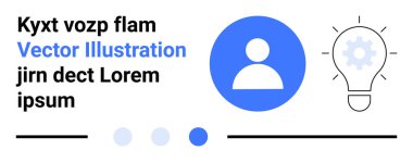 Mavi kullanıcı profili ikonu, dişli ampulün yanında yeniliği, takım çalışmasını, yaratıcılığı sembolize ediyor. İş, öğrenme, teknoloji, strateji, tasarım pazarlama için ideal