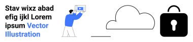 Çalma tuşu, soyut bulut ve asma kilit ile ekranı tutan adam çevrimiçi depolamayı, ağ güvenliğini ve mahremiyeti simgeliyor. Güvenlik, veri, teknoloji ve bulut servis akışı için ideal