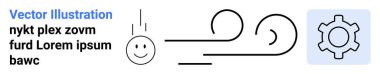 Minimalist gülümseyen yüz ve rüzgar hareketi vites simgesinin yanında. Yenilik, yaratıcılık, mekanik, iş akışı, sistemler, mutluluk ve basit bir iniş sayfası için ideal