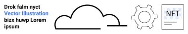 Teknoloji teçhizatı ve NFT belgesiyle bağlantılı bulut ana hatları. IT çözümleri, yenilik, engelleme zinciri, finans, NFT eğilimleri, bulut depolama, basit iniş sayfası için ideal