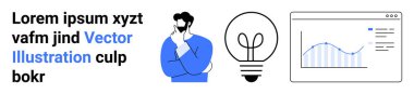 Fikirleri düşünen adam, yaratıcılık olarak ampul ve analitik grafik ilerlemeyi ima ediyor. Yaratıcılık, problem çözme, yenilik, strateji, üretkenlik, analiz için ideal basit iniş sayfası