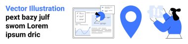Analitik gösterge paneli, mavi lokasyon iğnesi ve çubuk grafikleri tutan kişi. İş, takım çalışması, veri görselleştirme, navigasyon, sunum, iş akışı basit iniş sayfası için ideal
