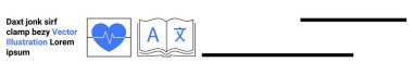 Lorem ipsum metnin yanında kalp atışı ve çeviri sembolleri. Sağlık, eğitim, dil, teknoloji, çeviri, veri, basit iniş sayfası için ideal