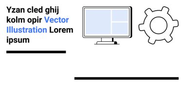 Bilgisayar monitörü sistem işlemleri ve kişiselleştirmesini sembolize eden dişli mekanizmasının yanında ızgara düzeni gösteriyor. Teknoloji hizmetleri, bilişim yönetimi, yazılım, web geliştirme, sistem için ideal