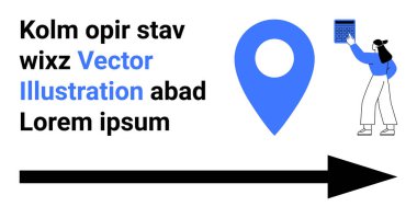 Konum iğnesi, büyük ok, kadın takvimi ve yer tutucu metin. Navigasyon, zamanlama, planlama, zaman yönetimi, lojistik çevrimiçi araçlar için ideal basit iniş sayfası