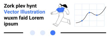 Güvenle yürüyen kişi, trend noktaları, ilerleme noktaları ve metin elemanları olan veri grafiği. Veri analizi, ilerleme takibi, hedef başarı, teknoloji girişimleri, iş uygulamaları eğitimi için ideal