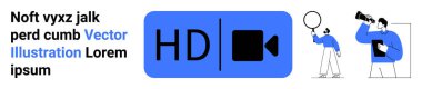 HD video ikonu, büyüteç ve kamera tutan bireylerle eşleştirildi. Medya, teknoloji, yaratıcılık, üretkenlik, takım çalışması, içerik oluşturma için ideal, basit bir iniş sayfası