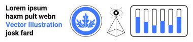 Dairesel yaprak amblemi, açık göz piramit simgesi, gradyan mavi dolgulu bar tablosu. Teknoloji, veri, analitik, markalaşma, yenilik, çevre tasarımı için ideal basit iniş sayfası