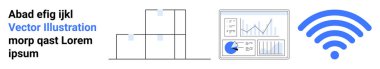 Metin bloğu, yığın diyagramı, çizelgeli analitik gösterge paneli ve kablosuz sinyal teknolojiye yönelik bir kompozisyon oluştur. Teknoloji, veri yönetimi, bağlantı, analitik ve iş için ideal