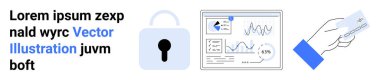 Kilit simgesi güvenlik analitik gösterge paneli veri yönetimini temsil eder ve el ele tutuşmalar kredi kartı işlemlerini vurgular. Finans, güvenlik, teknoloji ve analitik için ideal