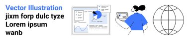 Analitik arayüz, grafik veri ekranı, analitik kullanan iş kadını, küresel ağ küresi. İş için ideal, analitik, küresel bağlantı, web geliştirme, takım çalışması teknolojisi basit