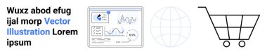 Analitik gösterge paneli, küresel bağlantıyı sembolize eden dünya, ve ticaret için alışveriş arabası. E-ticaret, veri analizi, küresel ticaret, pazarlama, finans ve teknolojik yenilik için ideal