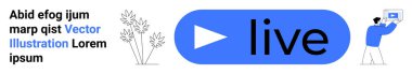Canlı metni olan mavi çalma tuşu, bir cihaz tutan kişi, minimum metin ögeleri ve dekoratif bitkiler. İnternet etkinlikleri, iletişim, pazarlama, web siteleri, modern tasarım için idealdir.