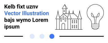 Siyah-beyaz şato ve lorem ipsum yazılı ampul tasarımı. Mavi aksanlar kontrastı güçlendirir. Yaratıcılık, mimarlık, eğitim, ilham, minimalizm, tasarım fikirleri, basit iniş