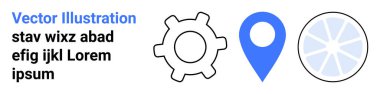 Vites simgesi, mavi konum rozeti, soyut dairesel dizayn ve yer tutucu metin. İş, navigasyon, teknoloji, iş akışı, markalaşma, analitik ve basit iniş sayfası için ideal