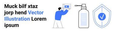 Adam tabletle etkileşimde, dezenfektan şişesi pompayla, kalkan ikonu da işaretle. Hijyen, güvenlik, onay, sağlık, koruma için ideal basit iniş sayfası