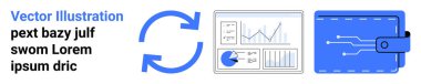 Dairesel oklar senkronizasyonu, grafik ve grafiklerle birlikte veri analiz panelini ve dijital cüzdanı gösteriyor. Fintech, dijital ödeme, uygulama geliştirme, analitik, finans, e-ticaret için ideal