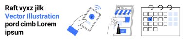Mobil ödeme için akıllı telefon, mağaza önü alışveriş torbası ve altı çizili takvim. E-ticaret, zamanlama, dijital ödeme, perakende, planlama, iş sade iniş sayfası için ideal