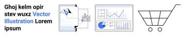 Analitik gösterge paneli, grafikler, mobil navigasyon ve bir alışveriş arabası ikonu. Ticari veriler, e-ticaret, analitik, UX tasarımı, pazarlama stratejisi için ideal basit iniş sayfası
