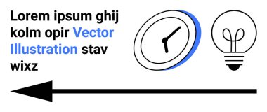 Zamanı sembolize eden saat, fikirler için ampul, metnin yanında yön için yatay ok. Zaman yönetimi, yaratıcılık, üretkenlik, strateji, yenilik, basit bir iniş sayfası planlamak için ideal