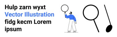 Elinde büyüteç tutan, çevreyi analiz eden, stilize metnin ve grafik nesnelerin yanında duran adam. Araştırma, gözlem, keşif, odaklanma, kesinlik, keşif için ideal basit iniş sayfası