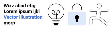 Yaratıcılık için ampul, güvenlik için asma kilit, hareket halindeki insan figürü. Yenilik, güvenlik, aktivite, kişisel büyüme, minimalizm, dijital çözümler için ideal basit iniş sayfası