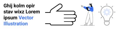 El hareketi, önü gösteren bir pano tutan kadın, fikirleri, takım çalışmasını, beyin fırtınasını, yenilikleri, liderliği, koçluğu, eğitim motivasyon sayfasını temsil eden ampulün içindeki teçhizat.