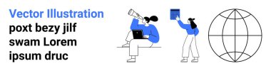 Bir teleskop ve dosya ile çalışan profesyoneller, verileri araştırıp analiz ediyorlar. Dünya ana hatları küresel erişimi temsil ediyor. Takım çalışması, araştırma, keşif, eğitim, yenilik ve teknoloji için ideal